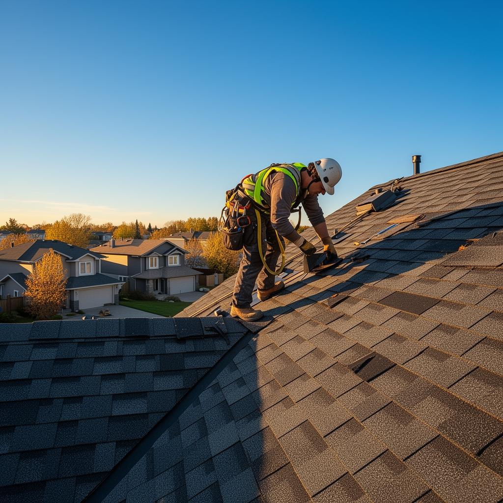 Roofer installing shingles on a Winnipeg home